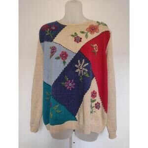 VTH 90s Y2K Size XL Embellished Embroidered Floral Long Sleeve Ramie Sweater